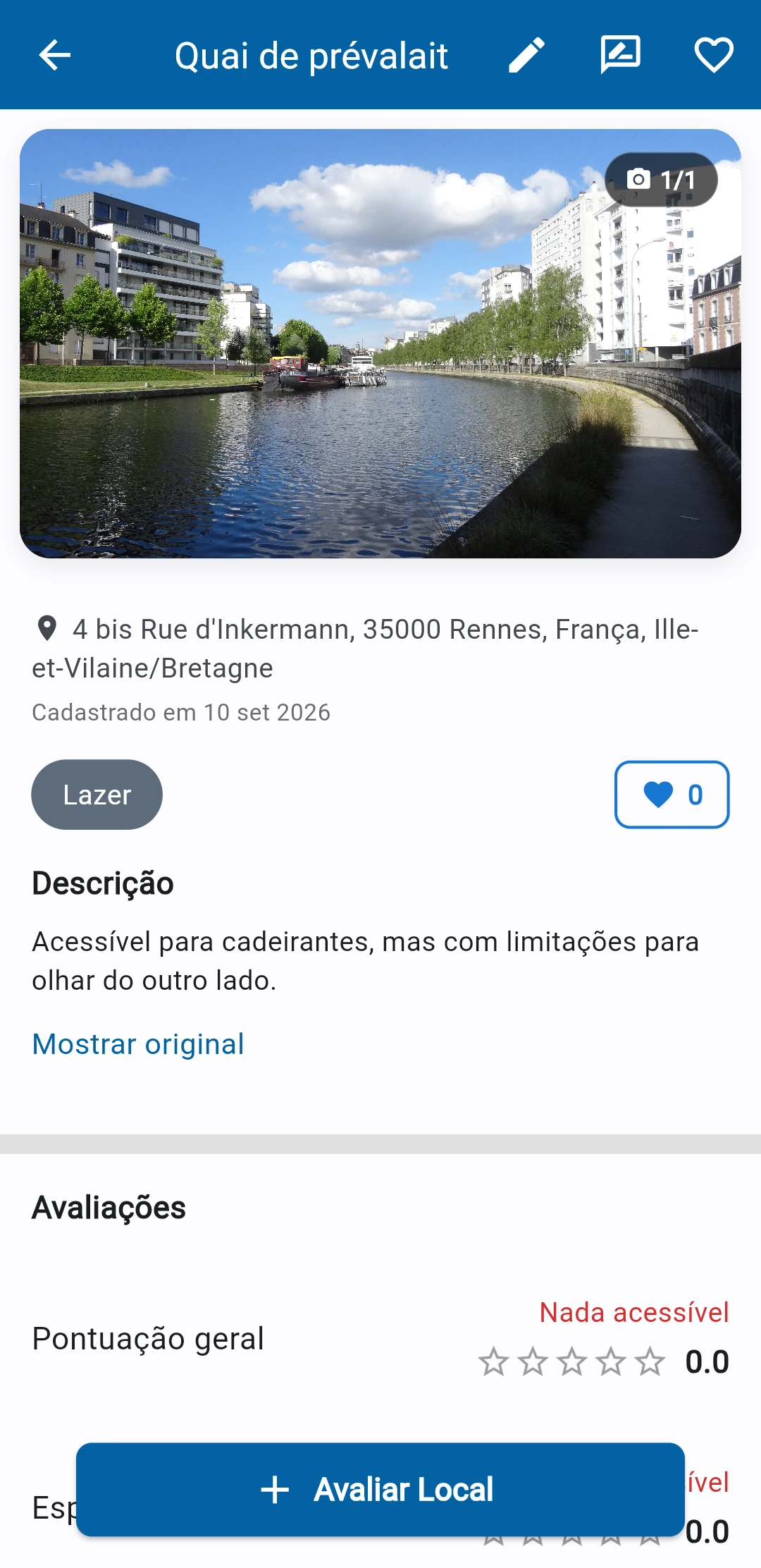 A imagem exibe os detalhes e avaliações de um local cadastrado no aplicativo DMovel.